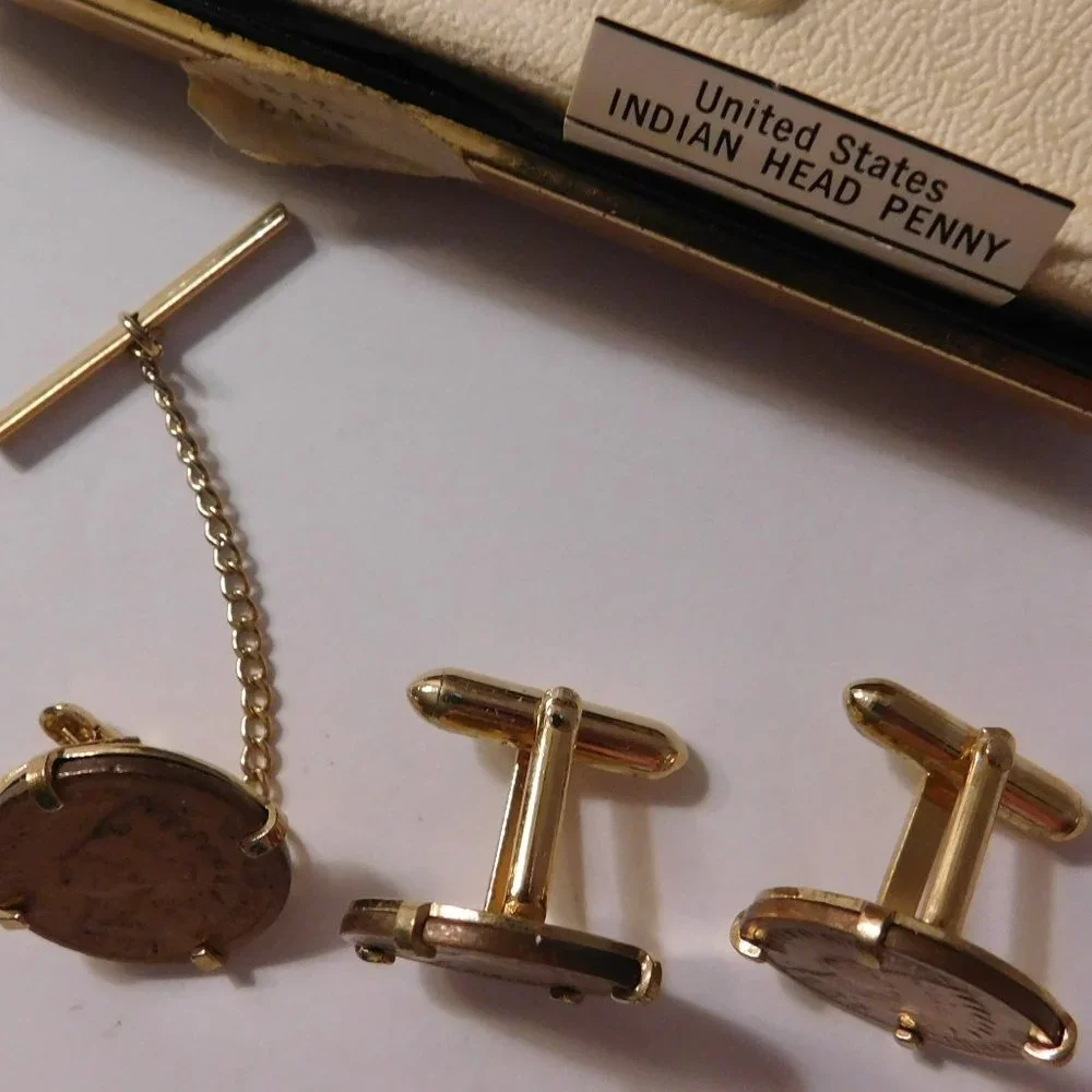 Swank Copper Indian Head Cuff-links and Tie Clip Vintage 1900's with Swank Box